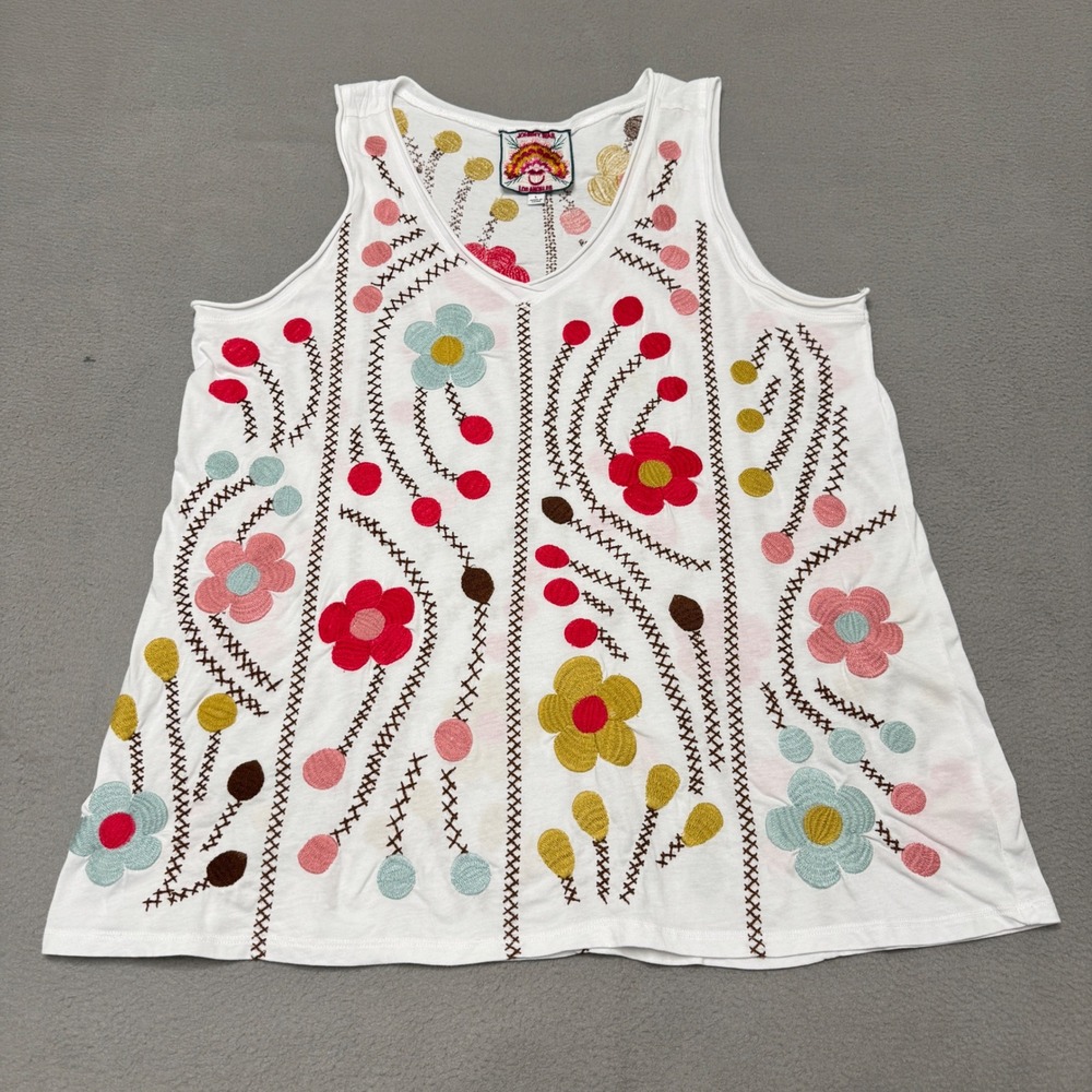 Johnny Was Tank Top Women L White Floral Embroidered Cotton V Neck Boho